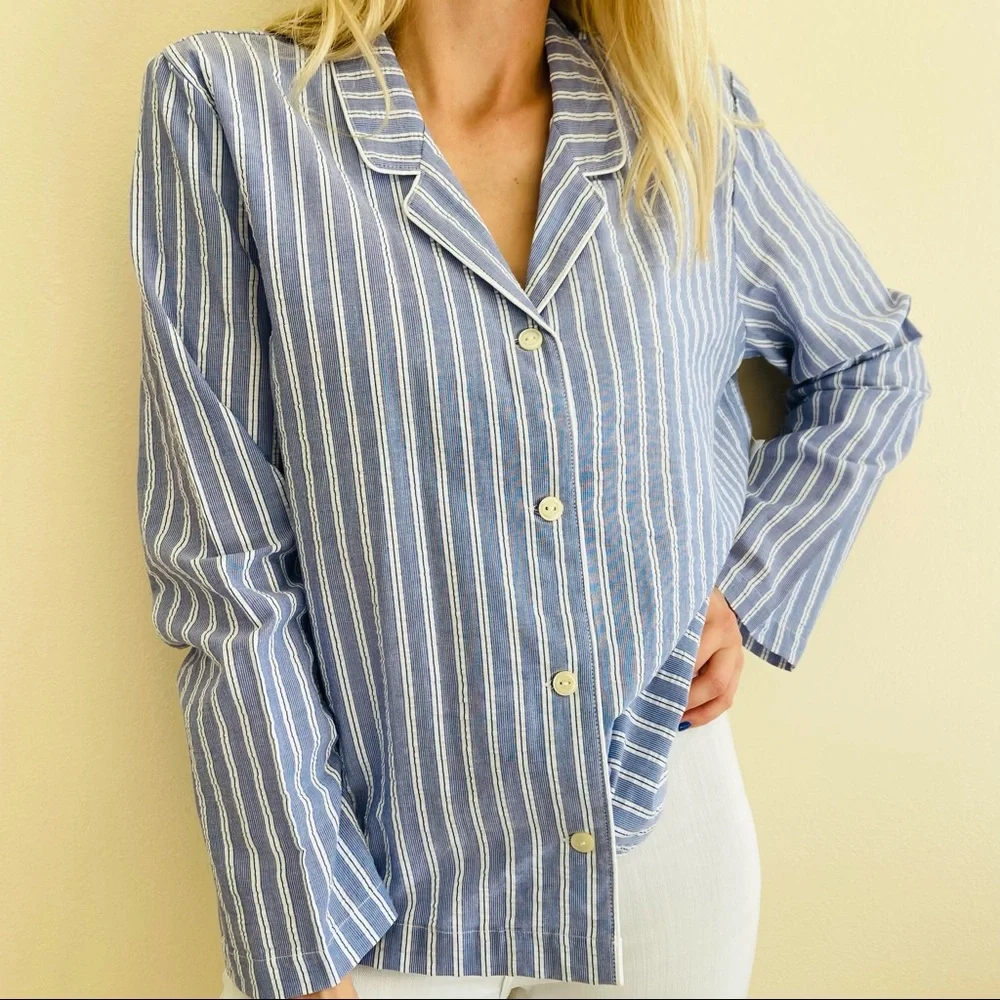 New Love By Gap White Stripe Long Sleeve Notch Button Front Sleepwear Shirt - Picture 3 of 9